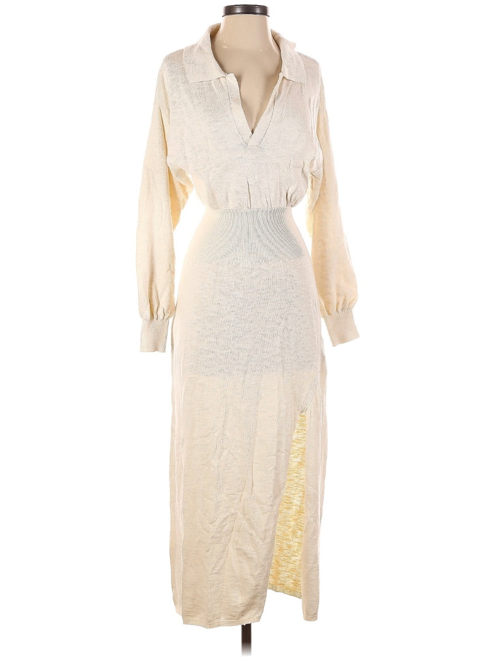FP Beach Cotton Linen Chic Long-Sleeve Cream Dress with slit